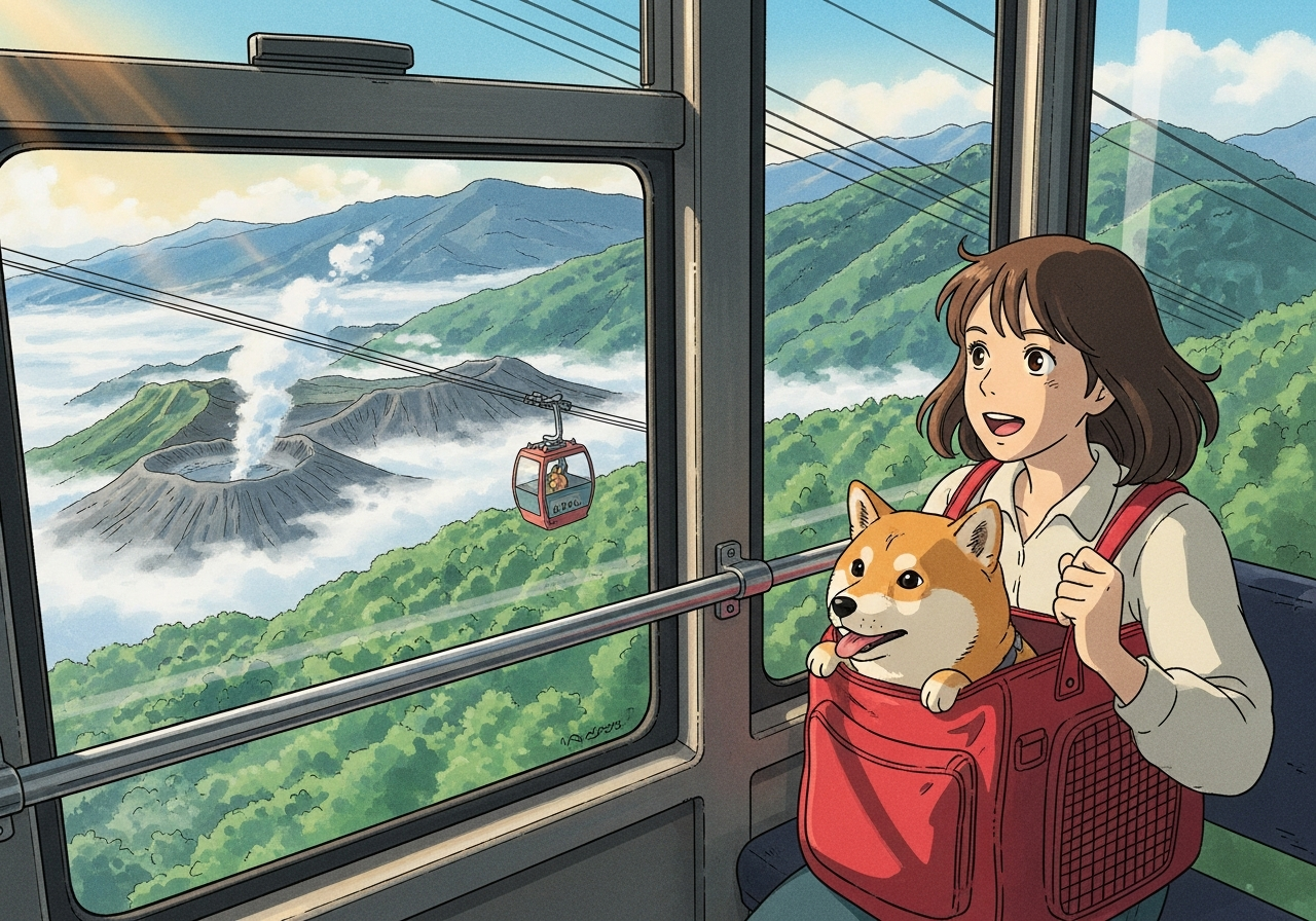 箱根ロープウェイのゴンドラから山麓を見下ろす犬のイラスト