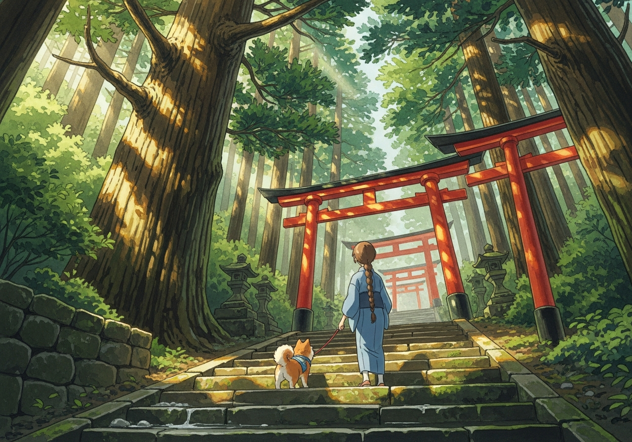 杉並木の参道を愛犬と登る飼い主のイラスト