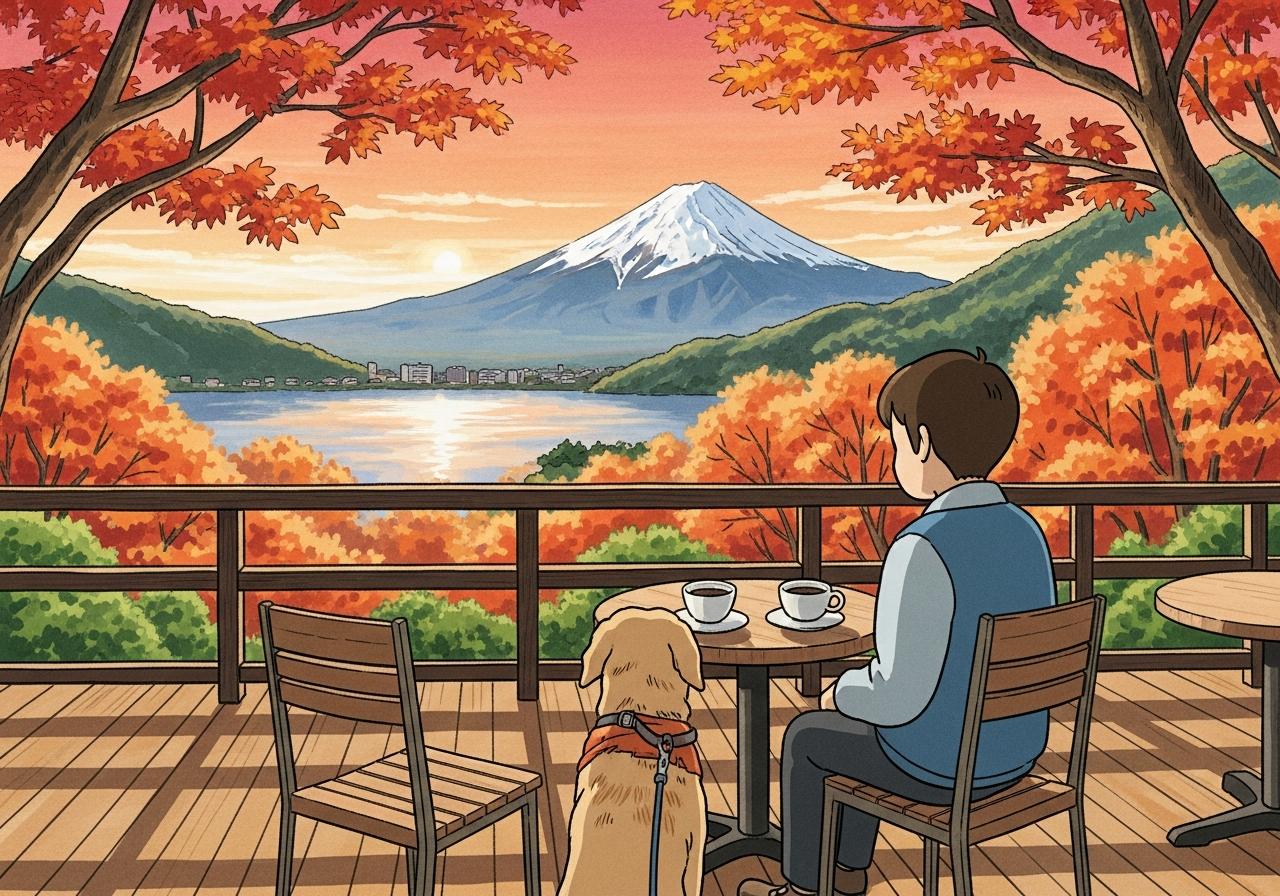 テラスカフェで愛犬と一緒に食事を楽しむ飼い主のイラスト