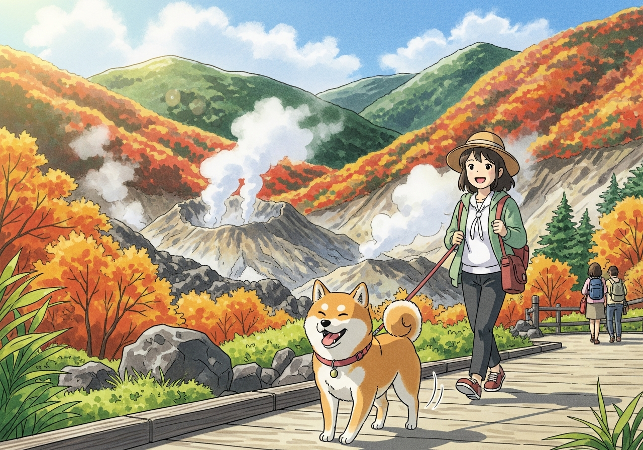 箱根・芦ノ湖畔を愛犬と散歩する飼い主のイラスト