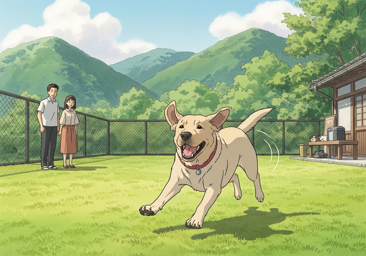 箱根の宿のドッグランで大型犬がのびのびと遊ぶ様子