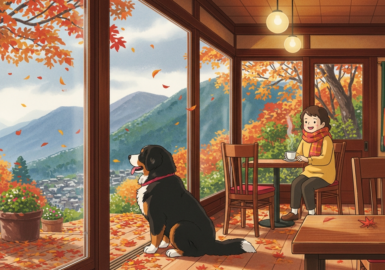 箱根のカフェテラスでバーニーズマウンテンドッグと過ごすオーナーのイラスト