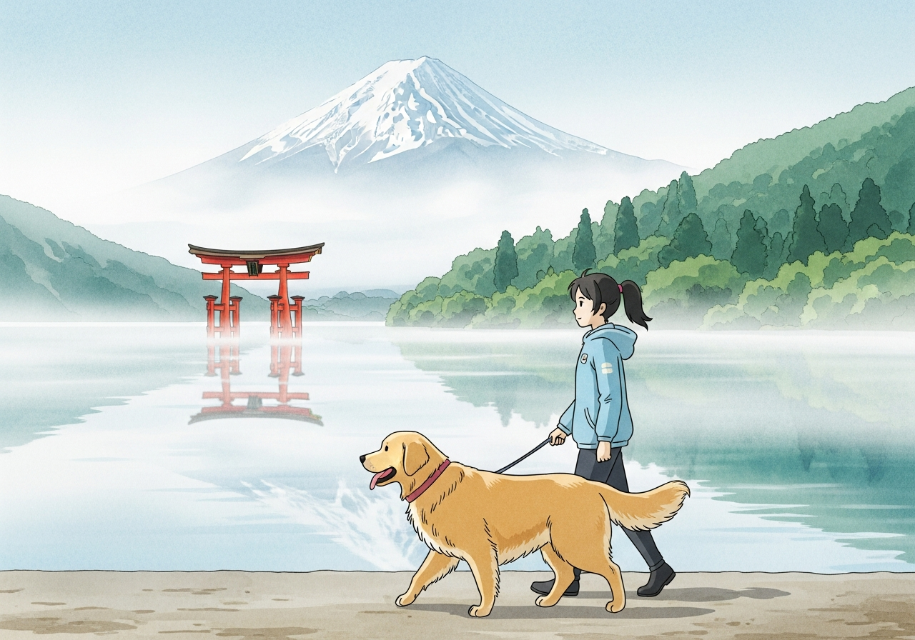 芦ノ湖岸を大型犬と散歩するオーナーのイラスト。富士山が遠くに見える