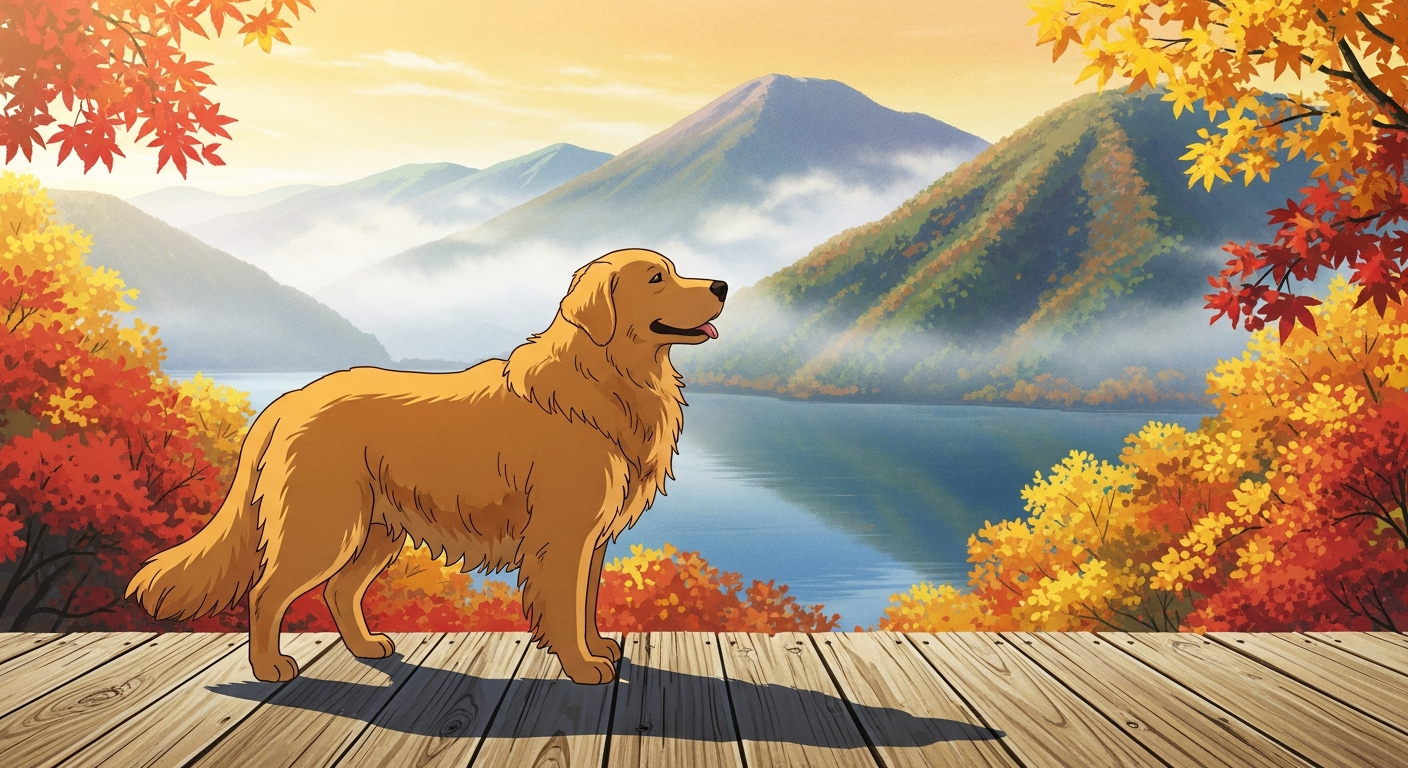 箱根の芦ノ湖を背景に佇む大型犬のイラスト
