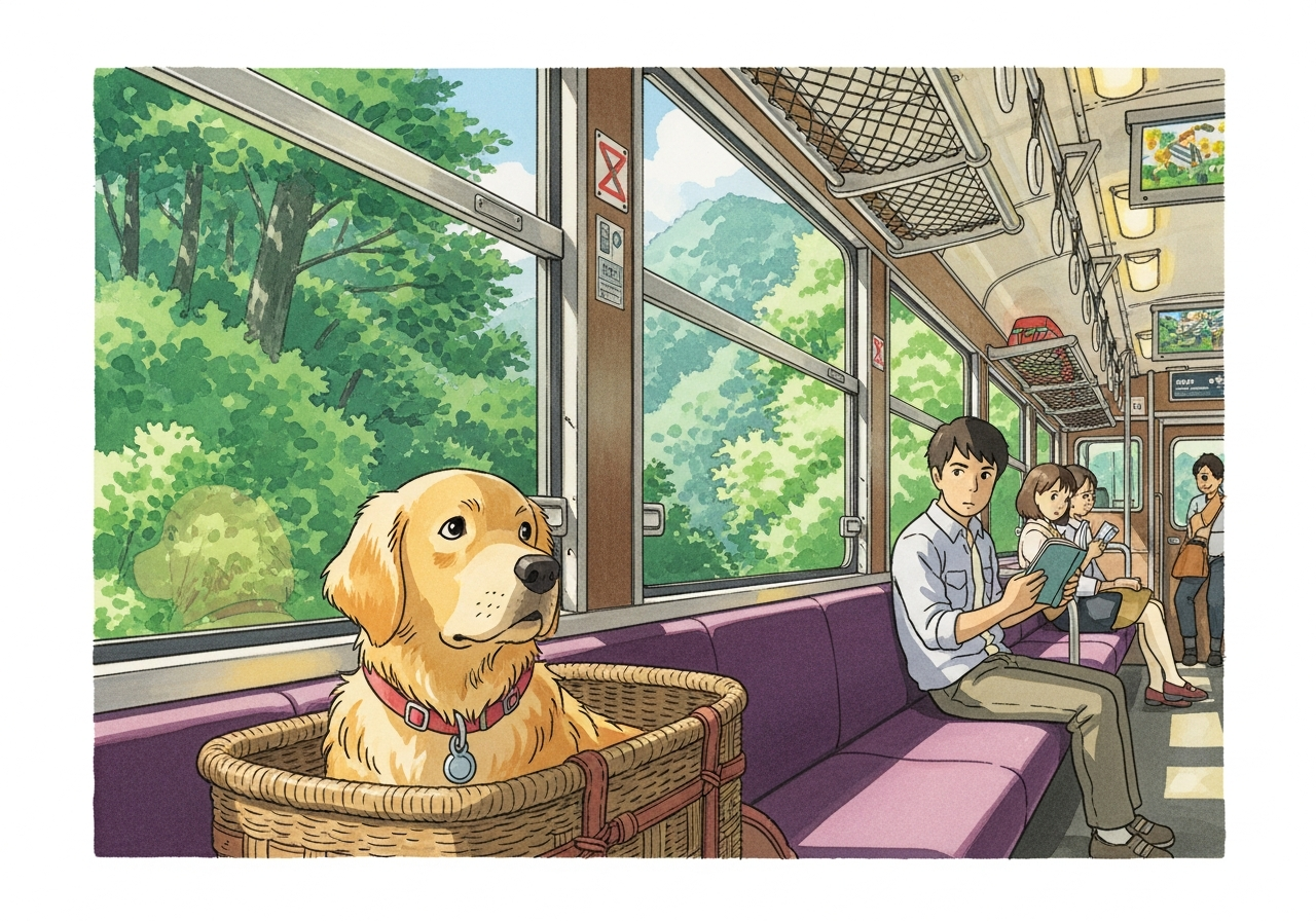 箱根登山電車の車内でペットキャリーに入った犬が窓の外の山林を眺めている様子
