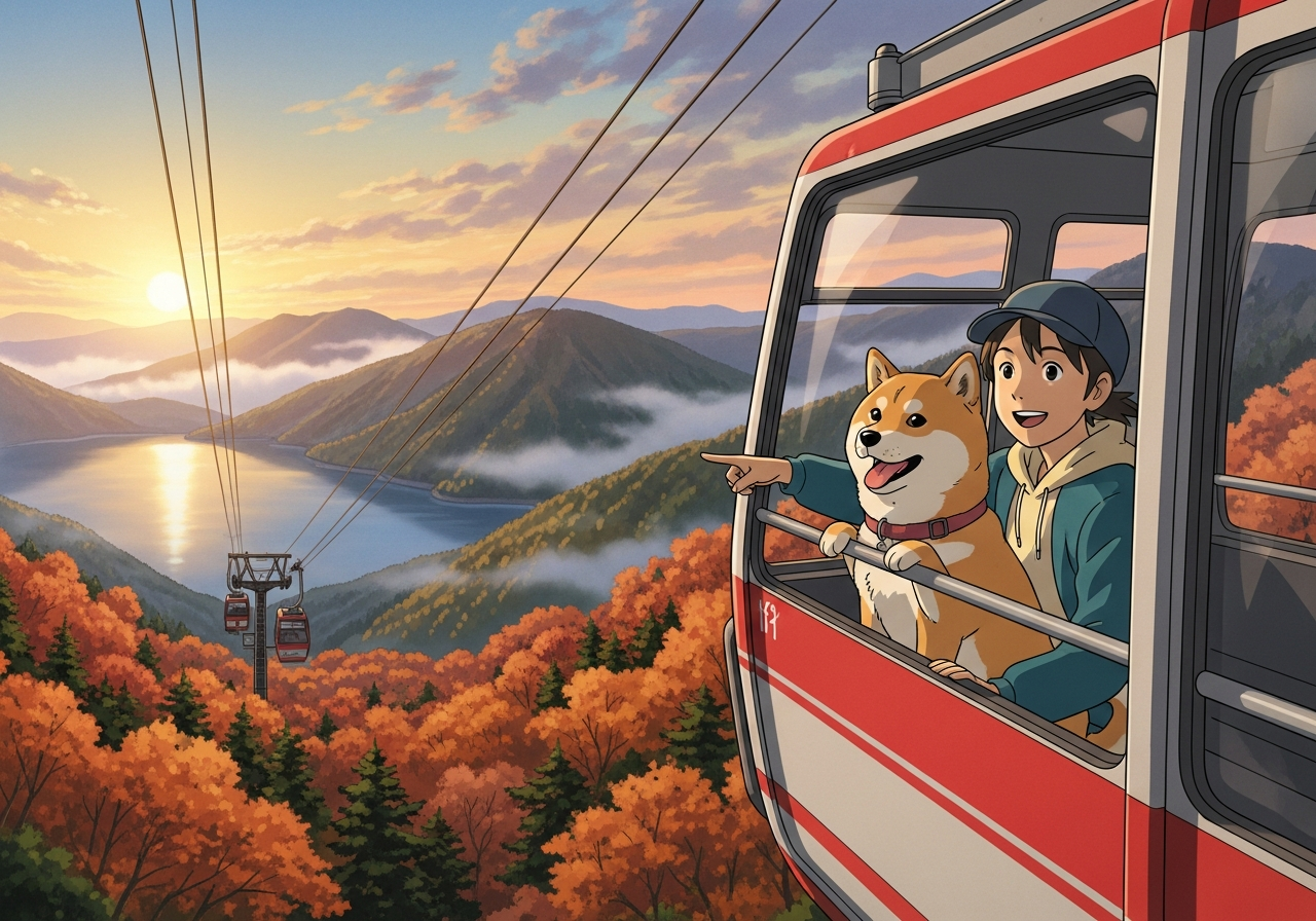 箱根の紅葉を望むロープウェイで犬連れ旅行を楽しむ様子のイラスト