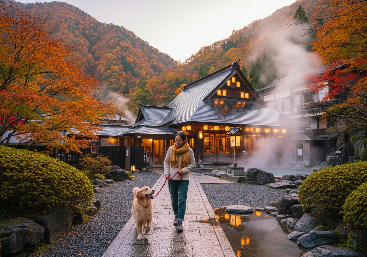 箱根の山々と温泉宿の外観、愛犬と飼い主が一緒に佇む穏やかな景色