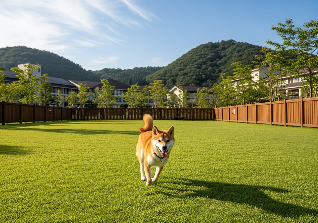 箱根の宿のドッグランで柴犬が自由に走り回る様子