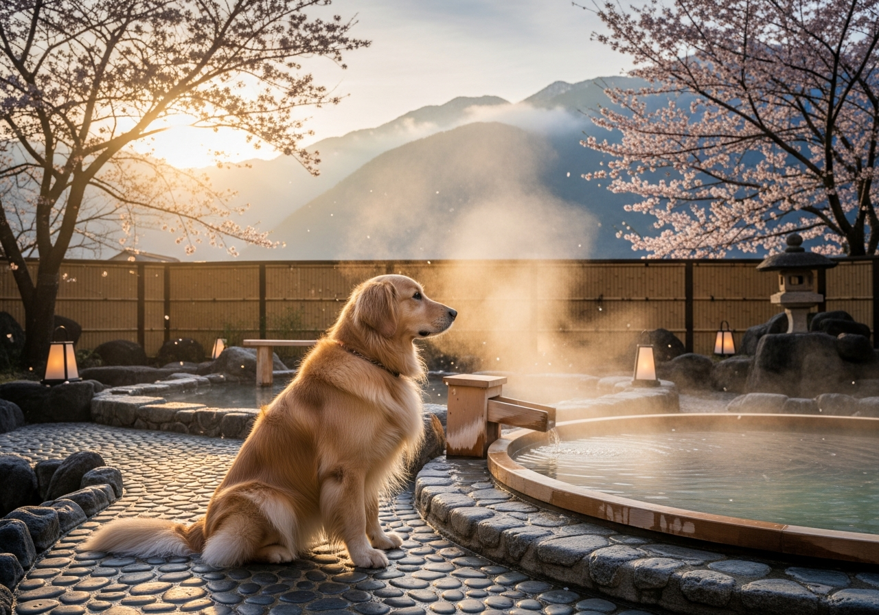 箱根の温泉旅館の露天風呂脇で愛犬とくつろぐ様子、山の緑が背景に広がる