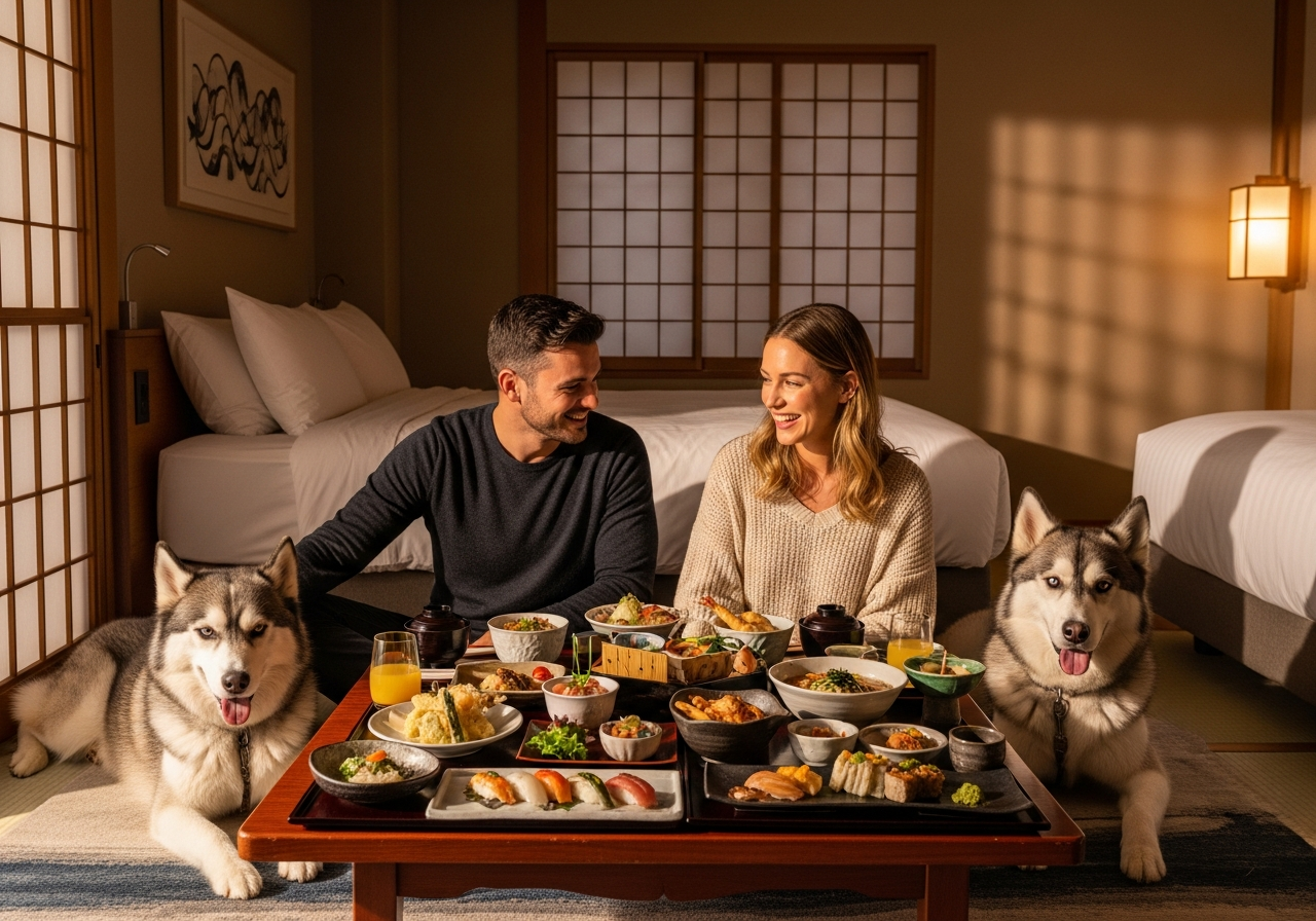 箱根の一棟貸しヴィラのプライベートテラスで犬連れ夫婦がくつろぐ様子