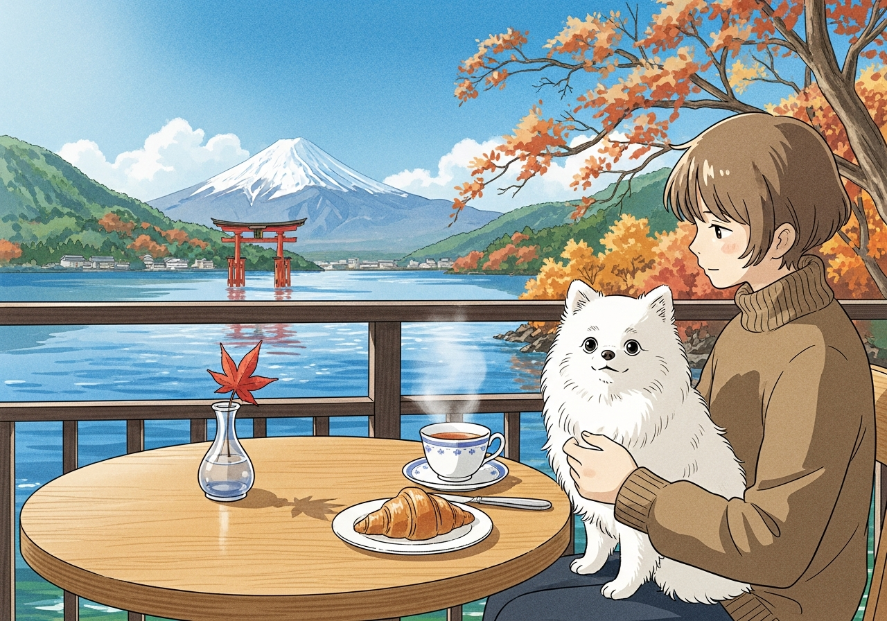芦ノ湖のテラスレストランでランチを楽しむポメラニアンと飼い主のイラスト