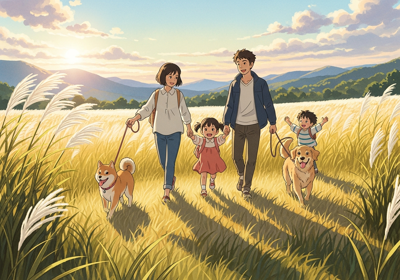 仙石原のすすき野原を散歩する犬と家族のイラスト